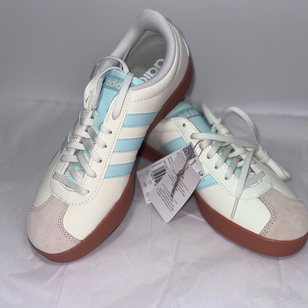 Adidas Women's VL Court Base Sneakers in Cream and Blue with gum bottom